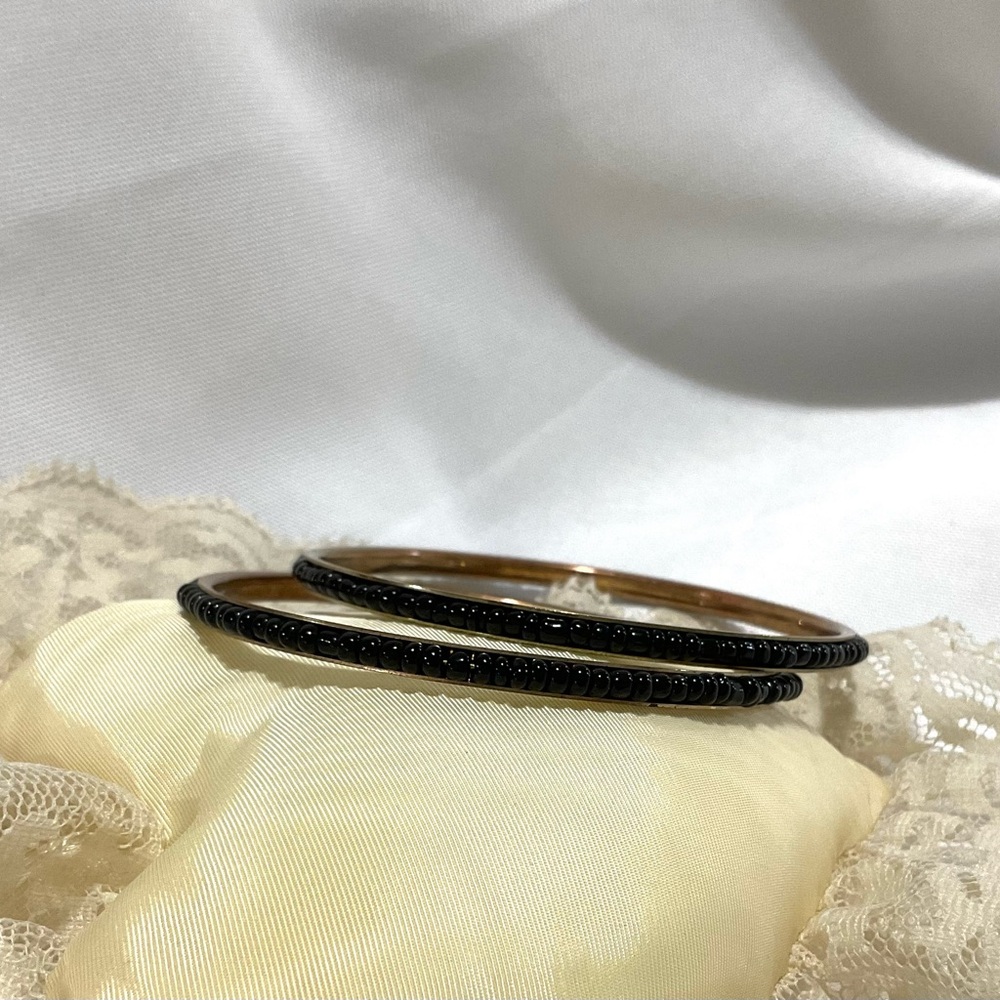 2 Black Beaded Gold Tone Bangle Bracelets